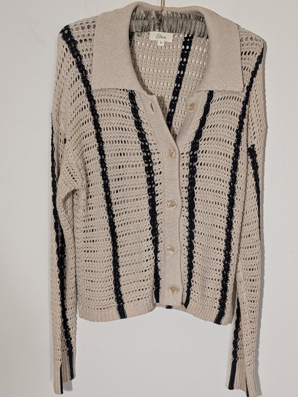 Elan Open Knit Long Sleeve 5 Buttons Closure Crochet Striped Cardigan Size M Tan